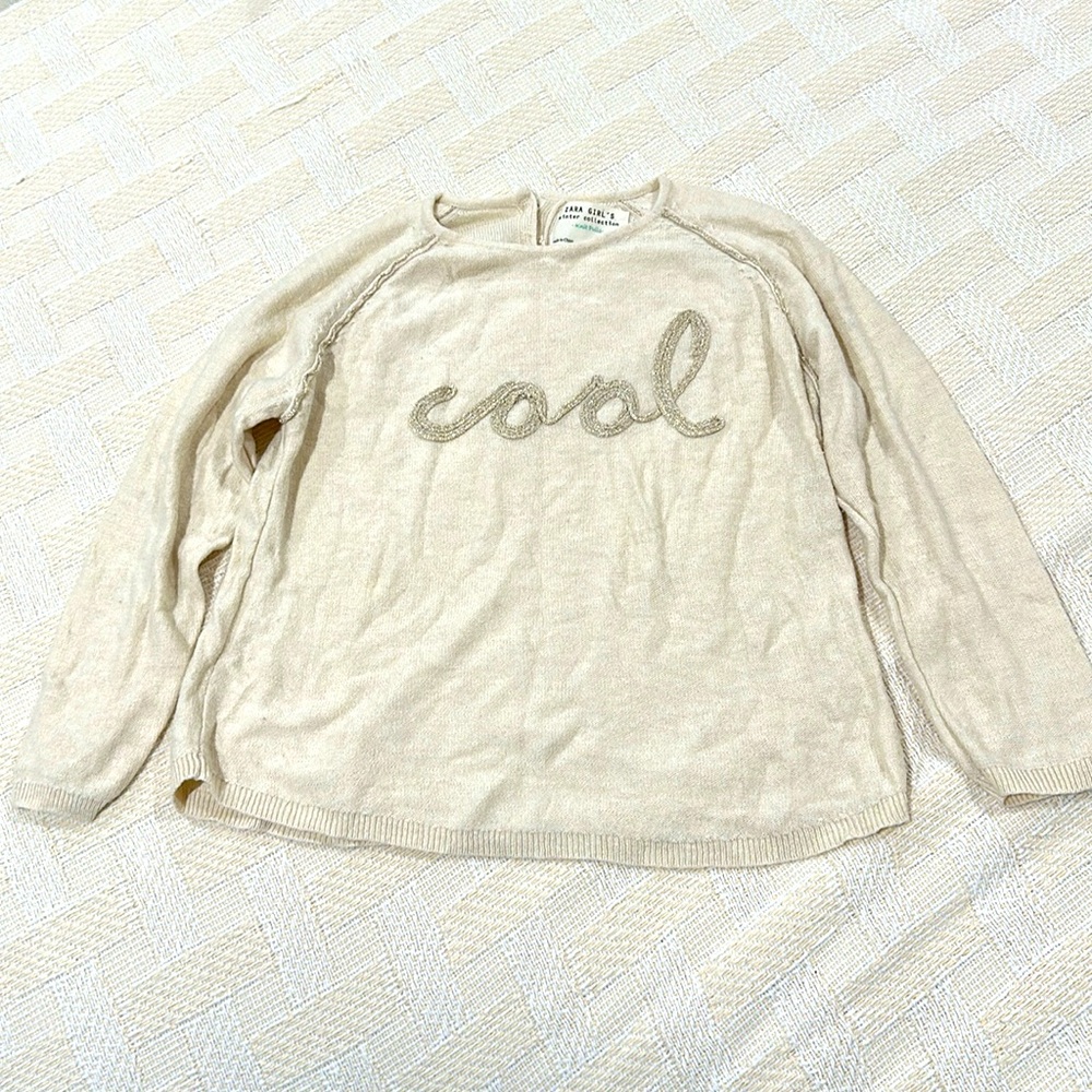 ZARA Neutral Lightweight Pullover Long Sleeve Metallic Gold COOL spellout Sz 5/6